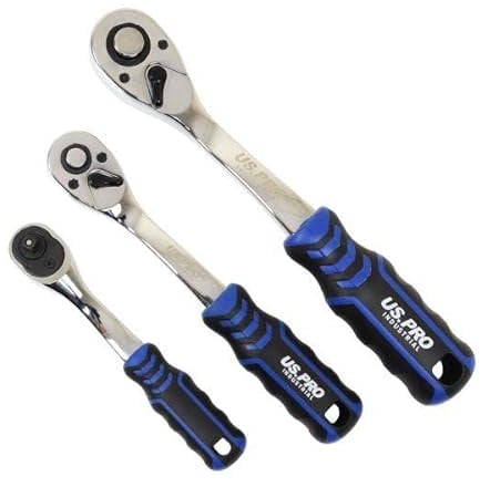 US PRO INDUSTRIAL 3pc 90t Ratchet Set 1/4 3/8 1/2 Drives Curved Handle with Grip 4229