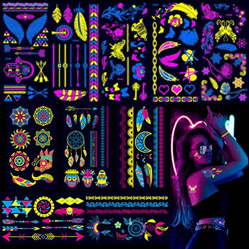 10 Blatt Temporär Tattoos, UV Tätowierung, Neon Party Festival Tattoos für Frauen Männer, Wasserfest Tattoo Aufkleber Körper Gesicht Haut Glänzend Tattoo Gefälscht Leuchtend Tattoo