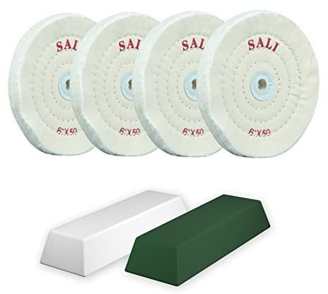SALI 4er Set Polierscheiben für Tischschleifer 150mm Polierscheibe 50-lagig Baumwolle Inkl. Polierpaste Kompatibel mit Standard Bank Schleifern und Rotationswerkzeugen Für Metalle und Holzpolitur