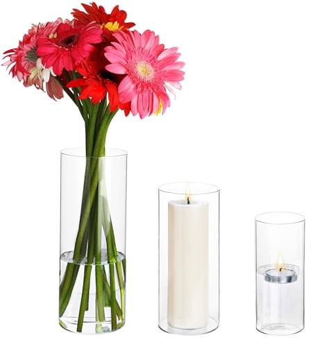 Belle Vous Bougeoir en Forme de Vase Cylindrique en Verre - Lot de 3X Grand Photophore en 3 Tailles Différentes - Porte Bougie Ouragan Bougie Flottante Vase À Fleurs Transparent