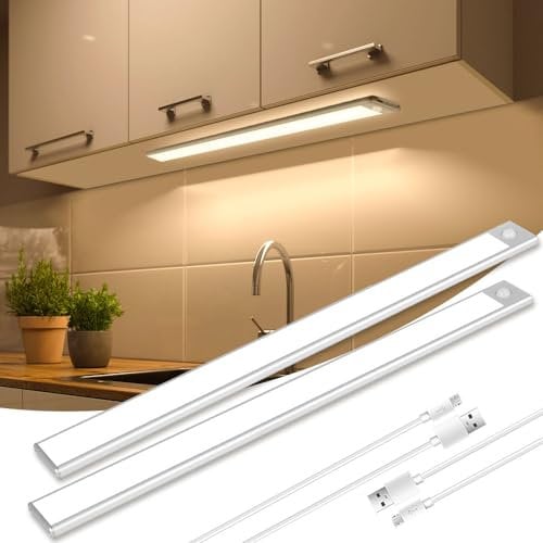 CHENBEN Lichtleiste Mit Bewegungsmelder 40CM, Kleiderschrank Beleuchtung 2 Stuck, Led Leiste Batterie, Küchenlicht 3000K Warmes Licht, 1500mAH USB Laden, For Under-Unit Lights, Cabinet Light