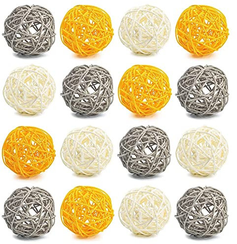 AKAZI Decorative Balls for Bowl Centerpiece,16PCS Rattan Balls 2.8 Inch Yellow Wicker Balls Decorative Orbs Spheres