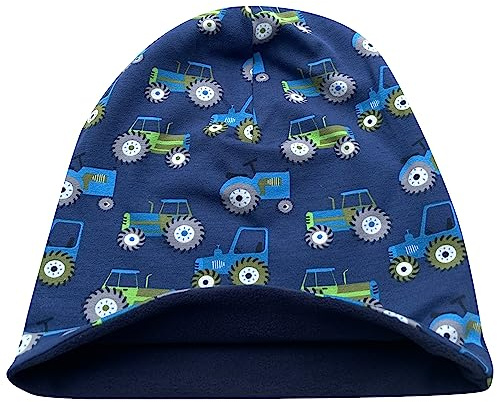 Wollhuhn Öko Warme Winter Jungen/Mädchen/Kinder Winter Long Beanie Mütze Mit Fleecefutter Versch. Motive (aus Öko-Stoffen, Bio) 20220666 (Trecker Dunkelblau, S)