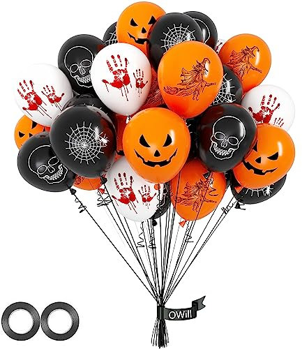 OWill 50 stück Halloween luftballons,10 Zoll Latex luftballons orange weiß und schwarz,halloween deko luftballons mit 2 Rollen schwarzem band,balloons für halloween deko kinder,halloween party