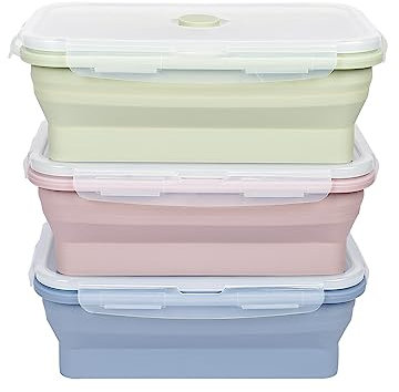 EASYLOCK 3 PACK 1200ML Frischhaltedosen mit Deckel, Meal Prep Boxen, Faltbare Brotdose, Mikrowellengeschirr Essen Aufschnittboxen für Kühlschrank, Faltbar Gefrierdosen Set(Grün, Rosa, Blau