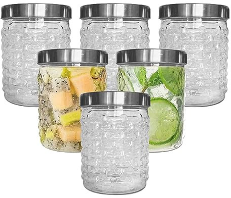 KANSY Plastic Storage Jars with screw top Silver lids - Food Storage Canisters Containers for Kitchen Use, Airtight Refillable BPA Free Round Clear, Hardware Store (500ml, Pack of 6)