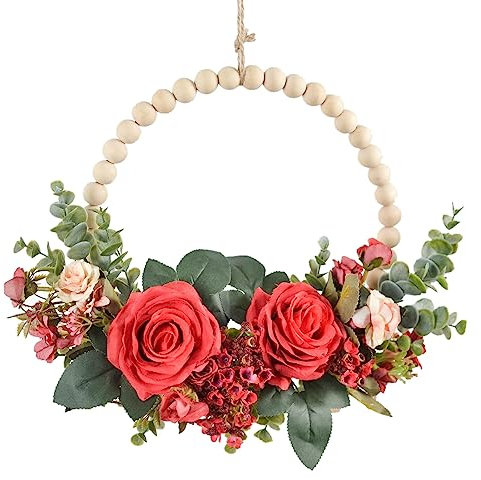 Weihnachtskranz mit Holzperlen, roter Rosenkranz, Boho, Bauernhaus, Dekoration, künstliche Blume, Eukalyptus-Kranz für Haustür, Fenster, Wandbehang, Raumdekoration, 30,5 cm (rot)