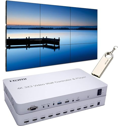 4K 3 x 3 Nuovo video wall controller USB+HDMI Input HDMI Output con Media Player, IR Remote+Voice Control+RS232, Edge Masking, 1x2, 1x3, 1x4, 2x1, 2x2, 2x3, 2x4, 3x1, 3x2, 3x3, 4x1, 4x2
