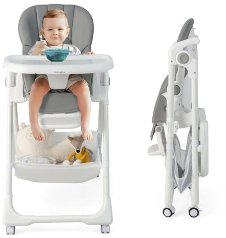 Baby High Chair, Foldable Highchair w/ 7 Heights, 5 Recline Positions, Adjustable Footrest, Removable Double Tray, Storage Basket, Portable for Babies & Toddlers with Wheels (Grey)