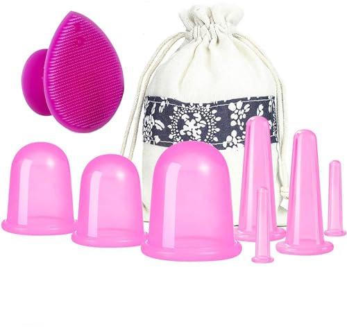 Silikon Schröpfen, 8 Stück Gesicht Schröpfen Set für Gesicht und Augen Schröpfen Massage, Gesicht Schröpfen Set Silikon Becher mit Peelingbürste für Gesicht Hals Haut (Small Medium Large, Rosa)