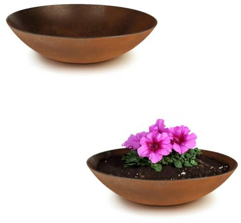 matches21 wetterfeste Pflanzschalen für draussen - 2 große Dekoschalen in Rost Metall-Optik als Blumenschalen - Flache Garten Schalen in 35 cm für Blumen, Bonsai oder Friedhof Grab-Schmuck