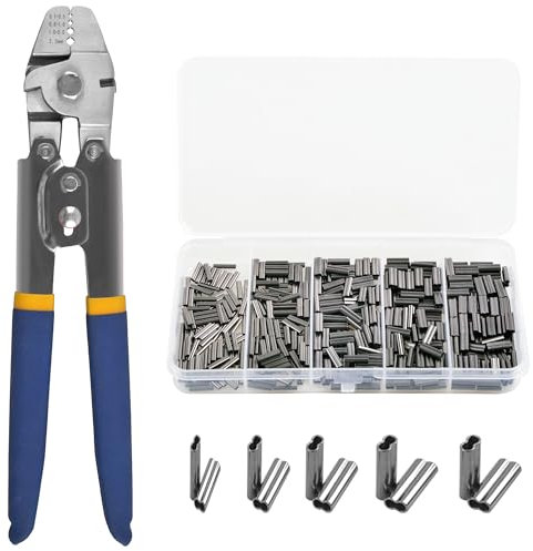 Wire Rope Crimping Tool Kit,Fishing Crimping Pliers with 5 Sizes Aluminum Copper Double Crimp Sleeves Heavy Duty Wire Leader Rope Crimper Plier Fishing Line Crimp Sleeves 4 Size Crimping