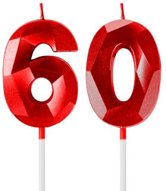Red 60th Birthday Candles for Cake, Number 60 Candle for 60th Birthday Decorations, 3D Design Cake Topper Decor for Boy Girl Women Men Birthday Theme Party Weddings Anniversary Celebration Supplies