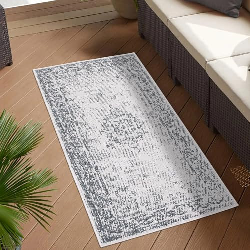 carpet city Outdoor Teppich Wetterfest 80x150 cm - Grau - Wendeteppich, Beidseitiges Ornamenten Muster - Balkonteppich Wasserfest Outdoor - Terrassenteppich