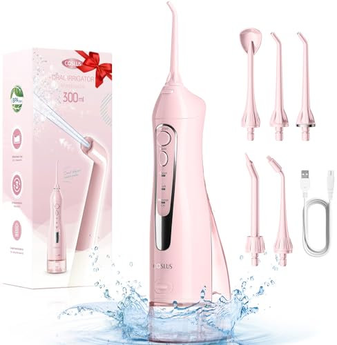 COSLUS Jet Dentaire Hydropulseur Portable 300 ML Sans Fil Irrigateur Dentaire Rechargeable Hydropulseur Dentaire Double Débit d'eau Water Oral Flosser Étanche IPX7 Pour La Maison et Les Voyages Rose