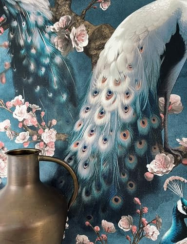 Newroom Tapete Blau Vliestapete Pfau - Mustertapete Modern Rose Weiß Blüten Äste Tiermotiv Tiere Blumentapete Zweige inkl. Tapezier-Ratgeber