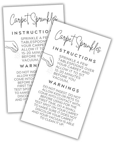 Carpet Sprinkles Freshener Instructions and Warning Label Cards | 50 pk 2x3.5” Minimalist DIY Crafters Deodorizer Jar Scents for Selling Packaging