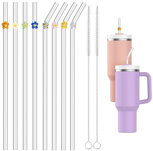 Musiwanna Glasstrohhalme 31cm Lang mit Blumen für Stanley Cup 40oz, 8Stück Glas Strohhalm mit Motiv, Wiederverwendbar Strohhalme mit 2 Reinigungsbürsten für Stanley Adventure Quencher Reisebecher 40oz