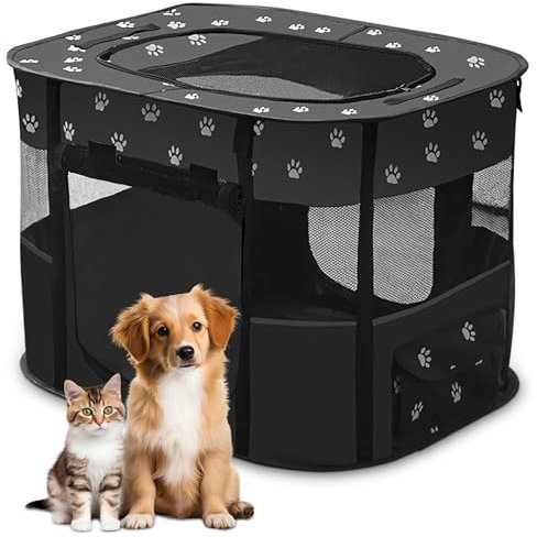 ALLSOPETS Welpenauslauf Faltbarer Laufstall Hund Katze, Tragbarer Welpenlaufstall Hundebox Freigehege mit Tragetasche für Innen, Außen, Reisen und Camping (Schwarze Pfote, M)
