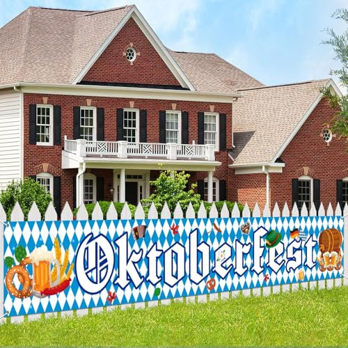 JUNEBRUSHS Oktoberfest Banner Deko, 50x300 CM Bayerisch Oktoberfest Deko Blau mit Weiße Girlande für Bayerische Oktoberfest Party Dekorationen Outdoor Bierzelten Garten Partydeko