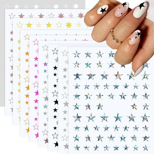 Irikdescia 9 Stück Glitzernde Sternenlicht Nagelaufkleber, Farbige Sterne Nagelsticker, 3D Selbstklebende Nail Sticker, Nagelkunst Aufkleber, Stern Nagel Charms