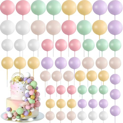 BOUBONI Lot de 48 boules en mousse pour décoration de gâteau d'anniversaire, de mariage, de gâteau (rose, vert, jaune, violet, marron, blanc)