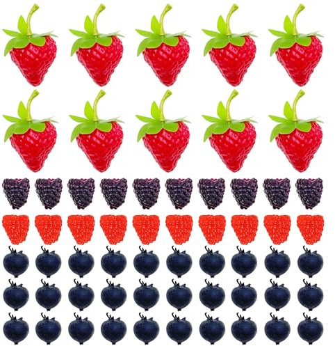 Woohome 60 PCS Fruits Artificiels, Faux Fruits Artificiel Fraise Décor Fausses Myrtilles pour La décoration de Fête Accueil Cuisine Photographie Prop
