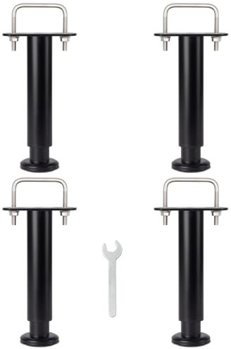 Pied de Lit Universel, Pieds pour Sommier à Lattes sans Perçage, Hauteur Réglable 25-42cm, U Largeur Interne 68mm, Design: Metallique Noir, Rond ø 3.8cm, pour le Cadre Central sans Trou, Lot de 4