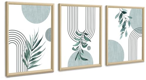 3Pcs Boho Blätter Leinwandbilder Bilder Set mit Rahmen Aesthetic Blue Pflanze Bilder Moderne Wandbilder Schlafzimmer Bild Auf Leinwand Kunstdruck Deko für Wohnzimmer fertig zum Aufhängen 30x40cmx3