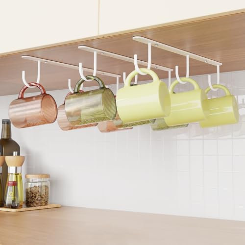 Luckinow 3 Pack Mug Hooks Under Cabinet, Coffee Mug Holders Under Shelf, Coffee Cup Hanger with 9 Hooks for Displaying Mugs and Kitchen Utensils, White