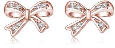 SLUYNZ Solid 925 Sterling Silver Tiny Bow Earrings Stud for Women Teens CZ Bowknot Stud Earrings (Rose Gold)