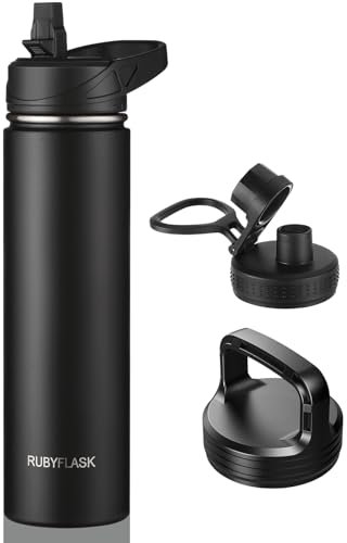 RUBYFLASK Botella de agua aislada de 24 onzas con popote, termo de acero inoxidable al vacío, botella de agua térmica grande con 3 tapas a prueba de fugas para viajes, camping, gimnasio, deportes