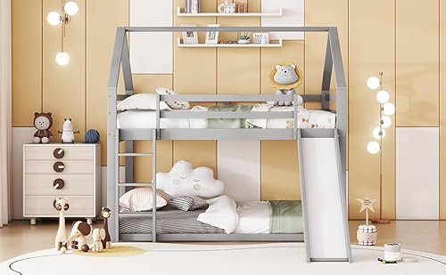 KAZZIO Letto matrimoniale per bambini, letto a castello con scivolo e scala, per cameretta dei bambini, letto matrimoniale (grigio, 140 x 200 cm)