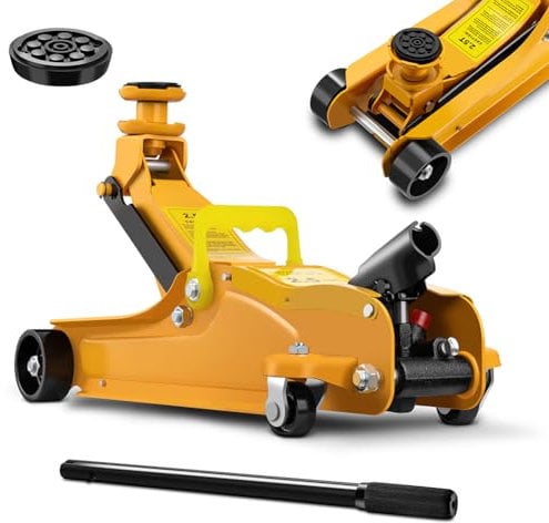 BAKAJI Cric Sollevatore Idraulico per Auto in Acciaio 2.5 Ton Carrello Martinetto Meccanico, Crick per Macchina, Moto con Ruote e Maniglia per Trasporto Portata 2T Metallo Giallo, Solleva 80-350mm