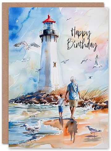 Artery8 Lighthouse Seagulls Beach Walk With Grandad For Him Man Birthday Card