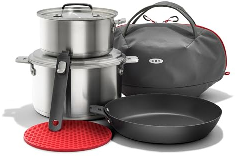 OXO Outdoor 8 Piece Camping Cookware Set, 10 Pre-Seasoned Carbon Steel Frying Pan Skillet, 2.25QT and 5QT Stainless Steel Saucepans with Lids, Removeable Handle, Trivet, Travel Bag, Space-Saving