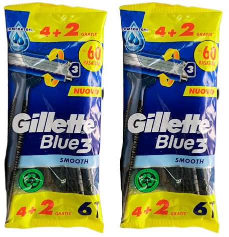 Rasoio Blue3 Smooth, Usa e Getta, Fino a 60 Rasature. Confezione da 6 Pezzi (2 Unità)