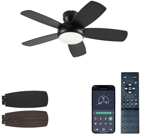 KNUN 42 Ceiling Fan with Light and Remote Control/App, Flat Ceiling Fans with Lights, Flush Mounted, Double Sided Blades, 3CCT, Dimmable, Quiet,
