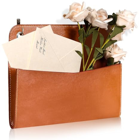 MSHUNKEJI Briefhalter aus PU-Leder, Wandhalterung, braunes PU-Leder, Briefhalter, Vintage-Wandordner, Organizer, 2-Ringbuch, Hängeregistraturhalter für Dekoration, Aufbewahrung, Briefe, Postkarten