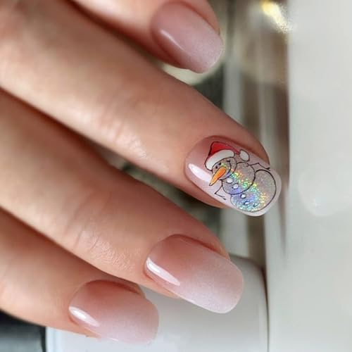 Faux ongles en forme de bonhomme de neige à presser sur ongles blancs dégradés en acrylique pour femme
