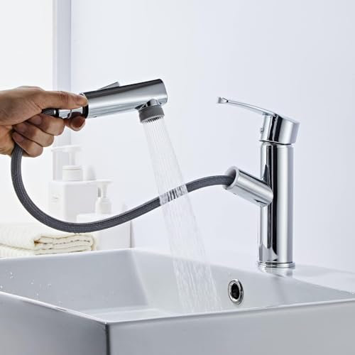 HARNART Robinet cuisine douchette robinet,de lavabo extensible avec 2 types de jet,Convient pour les lavabos à poser,Mitigeur chaud et froid pour salle de bain,Chrome