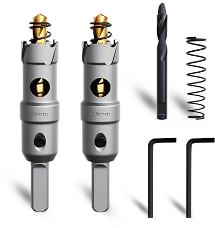 METOTY 2 brocas de metal de 19 mm, con una broca adicional de guía de paso nitrurado gratis y llave en L, para acero, hierro, aluminio y metal