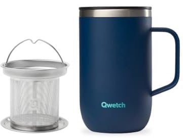 QWETCH - Mug Isotherme Inox Recyclé avec Anse & Filtre Infuseur Bleu Nuit - Tisanière Isotherme 470ml - Thermos Café & Thé - 6h Chaud & 12h Froid - Bouchon Coulissant Anti-Éclaboussures
