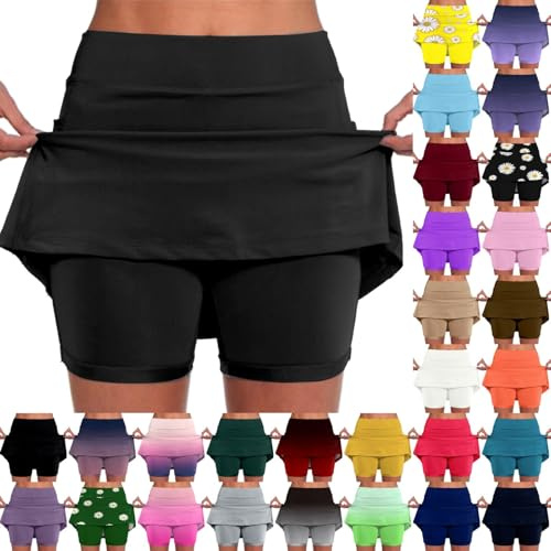 Couawaticy Short pour femme - Jupes de sport de grande taille - Jupe extensible taille haute avec poches - Legging gainant - Mini short à séchage rapide - Pour athlétisme, tennis, gym, yoga, golf