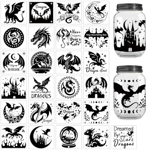 Peacoblue 25 Stück Drache Silhouetten Sticker,DIY Glasdeko Basteln | wiederverwendbare Aufkleber für Gläser, Fenster, Laternen,Türen und Wohnraum Dekoration