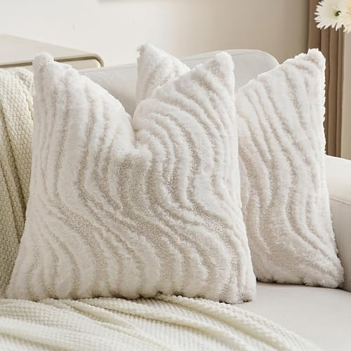 Ystyle 2er Set Kissenbezug 50x50 cm Weich Plüsch, Dekorative Kissenhülle mit 3D Wellenmuster, Modern Felloptik Deko Kissenbezüge für Sofa Couch Bett, Waschbar und Haustierfreundlich, Weiß