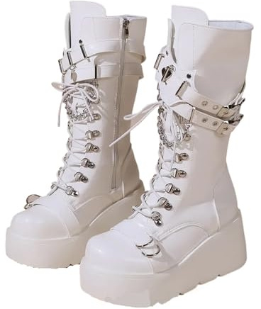 Plateau Stiefel Nieten Schnalle Wedges High Damen Stiefel Punk Spice Chic Biker Rider Boots, weiß, 40 2/3 EU