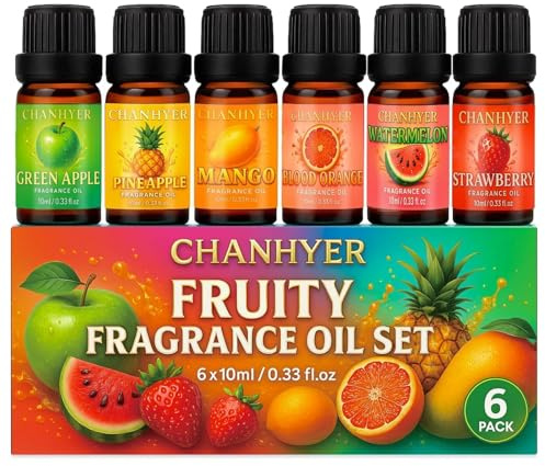 Chanhyer Fruity Essential Oils Set for Diffusers for Home 6 x 10 ml | Green Apple,Watermelon,Strawberry,Pineapple,Blood Orange & Mango – for Diffuser,Candle,Soap Making