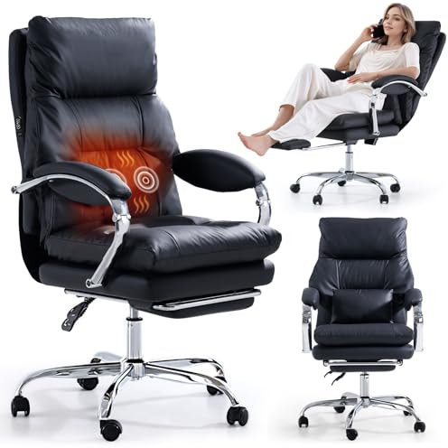 EMIAH Bürostuhl mit Fußstütze Schreibtischstuhl, Wärme und Massage, Schwarz | Ergonomischer Chefsessel mit Gekreuzten Beinen und Armlehnen, Bequemer Computer Stuhl mit Rollen Verdicktem Kissen, PU Leder