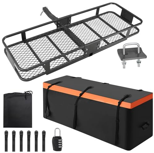 Garvee Porte-Bagages Plateforme Acier 90kg Pliable 152x51x15cm, Noir | Sac étanche 425L, filet, sangles, stabilisateur inclus. Compatible SUV, camionnette, remorque. Standard US (non sphérique).